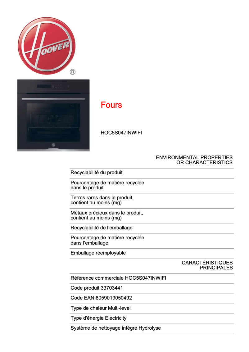 Page n°1 - Fiche technique Hoover H-OVEN 500 HOC5S047INWIFI