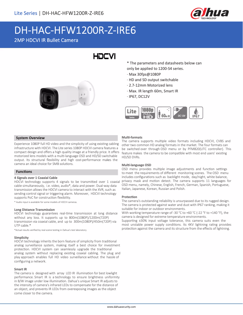 Page n°1 - Fiche technique Dahua Technology HAC-HFW1200R-Z-IRE6