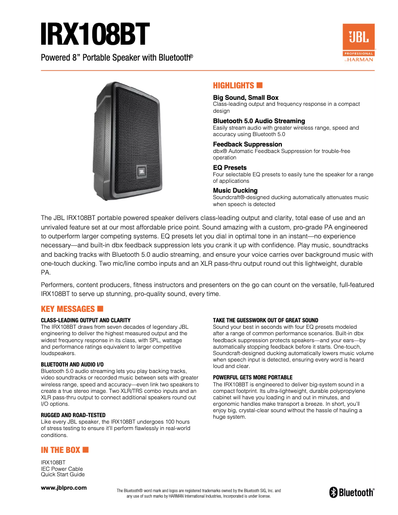 Page 1 de la notice Fiche technique JBL IRX108BT