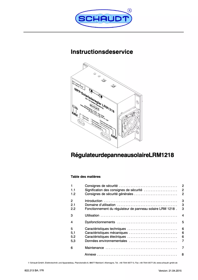 Page 1 de la notice Manuel utilisateur Schaudt LRM 1218
