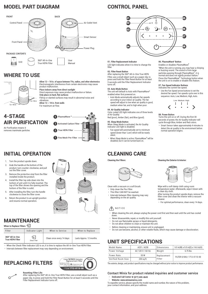 Page 1 de la notice Manuel utilisateur Winix A231