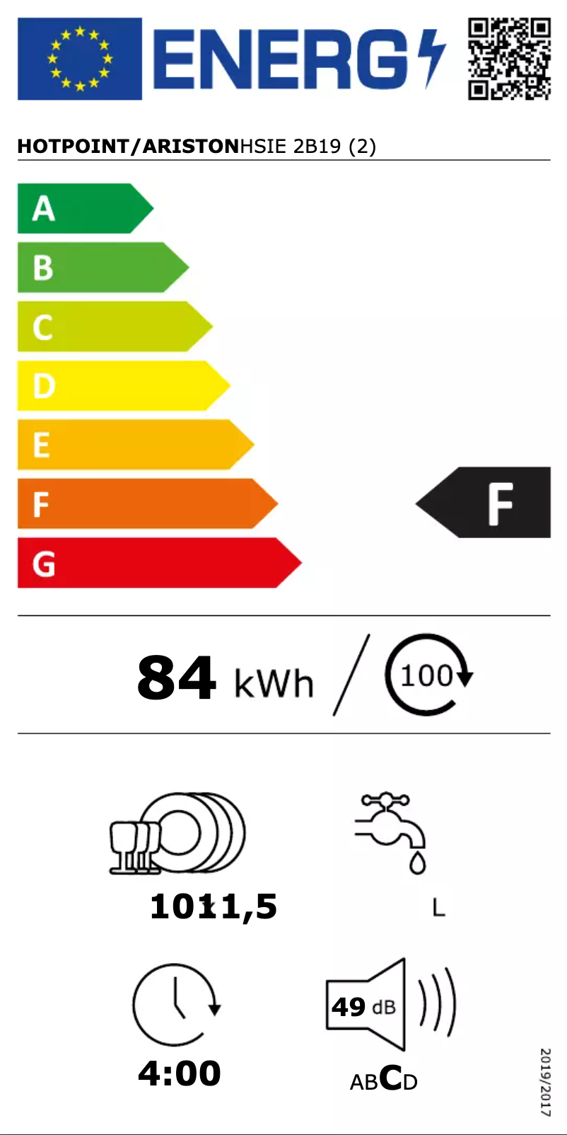 Page n°1 - Label énergétique Hotpoint HSIE 2B19