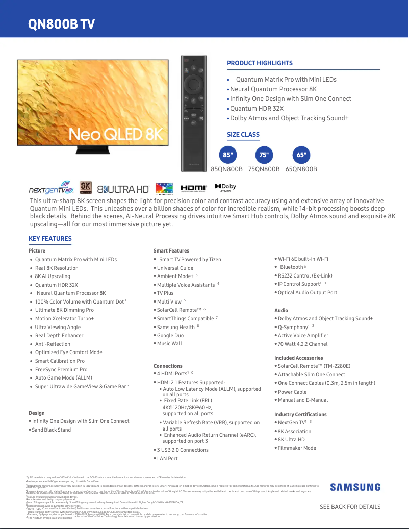 Page 1 de la notice Fiche technique Samsung QN75QN800B