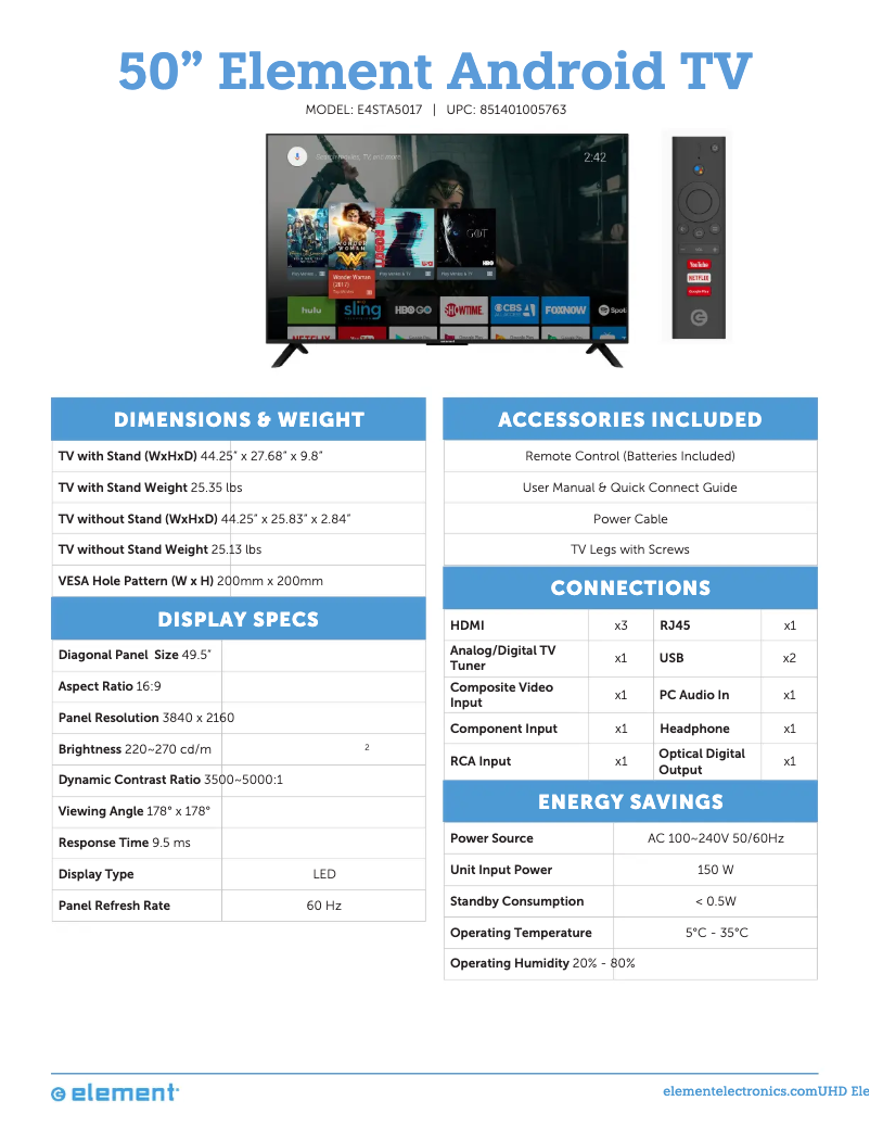Page 1 of the manual Technical Sheet Element E4STA5017