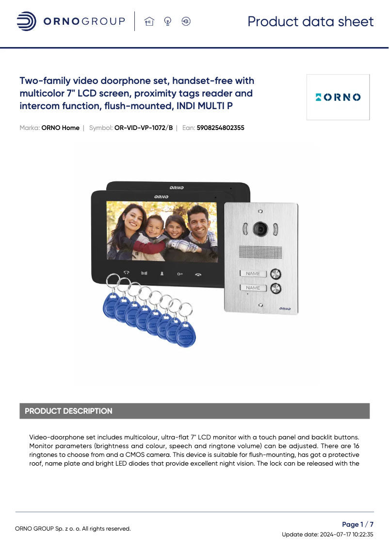 Page 1 de la notice Fiche technique Vibell OR-VID-VP-1072