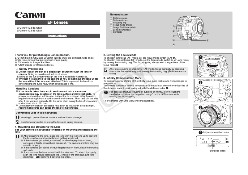 Page 1 de la notice Manuel utilisateur Canon EF 28MM F/2.8 IS USM