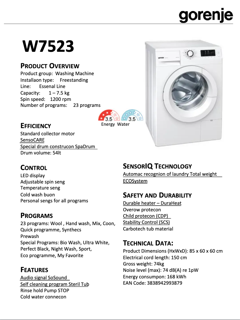 Página 1 del manual Ficha técnica Gorenje W7523