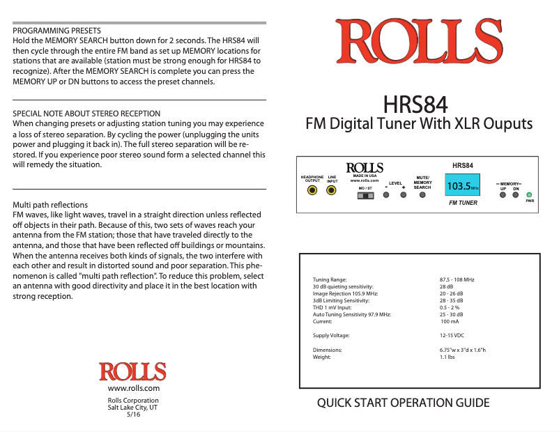 Page 1 of the manual User Manual Rolls HRS84