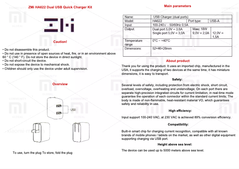 Image de la première page du manuel de l'appareil ZMi HA622 Dual USB Quick Charger Kit