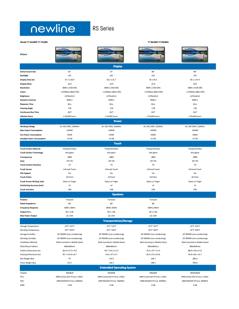 Page 1 de la notice Fiche technique Newline TT-9818RS