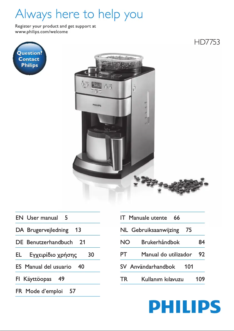 Image de la première page du manuel de l'appareil Grind & Brew HD7753