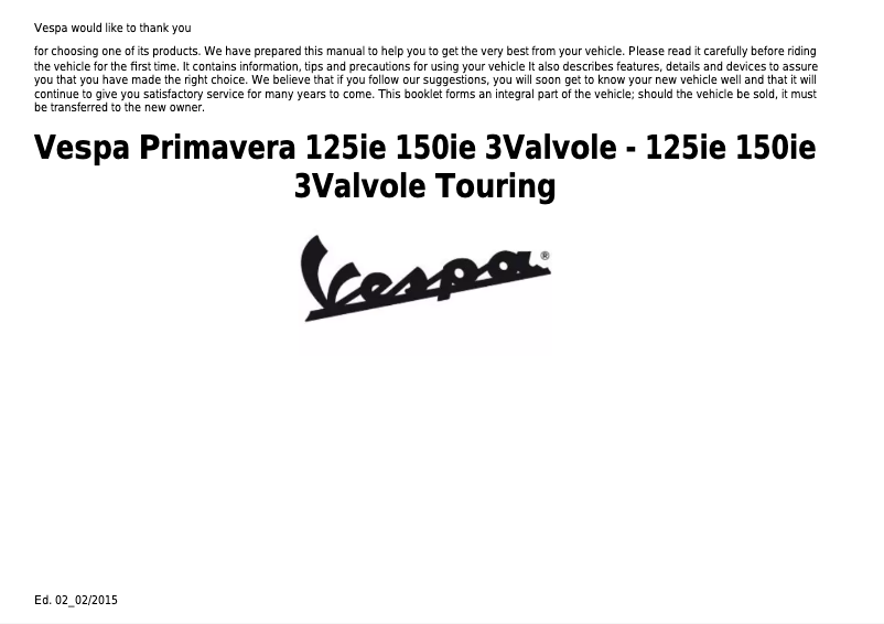 Page 1 de la notice Manuel utilisateur Vespa Primavera 125ie 3V (2015)