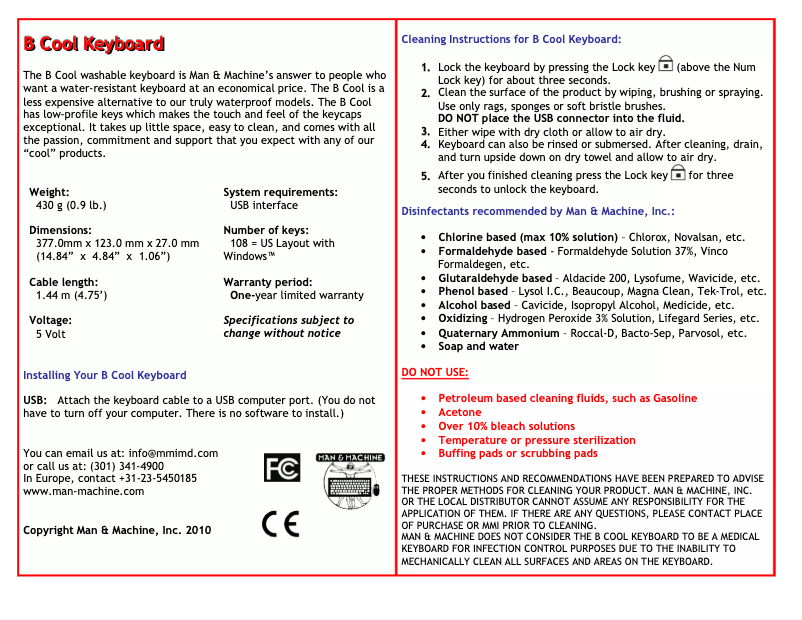 Page 1 de la notice Manuel utilisateur Man & Machine B Cool