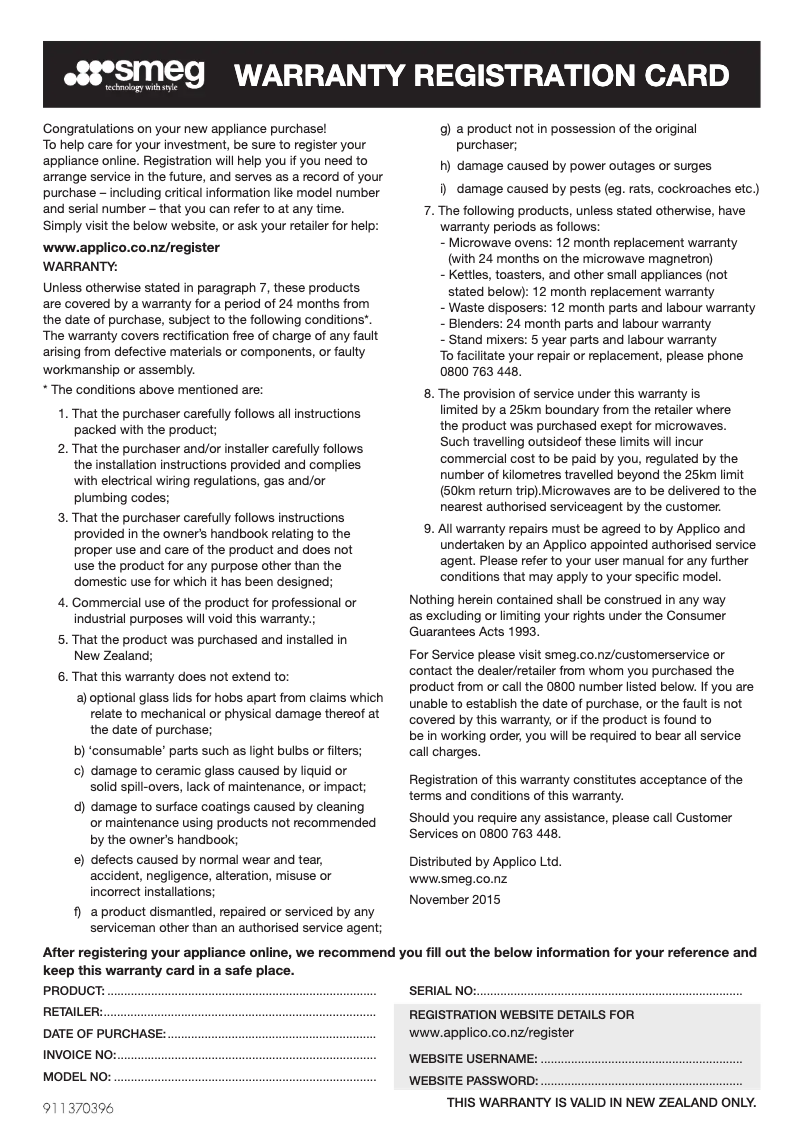 Page 1 de la notice Informations de garantie Smeg SOA4302M1N