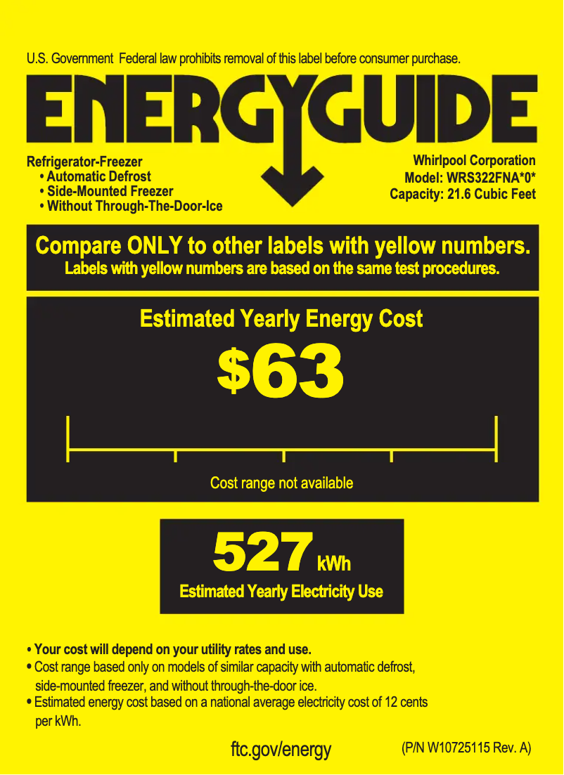 Page 1 de la notice Label énergétique Whirlpool WRS312SNHM