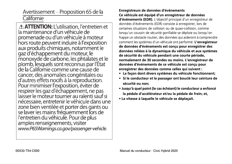 Image de la première page du manuel de l'appareil Civic Hybrid (2025)