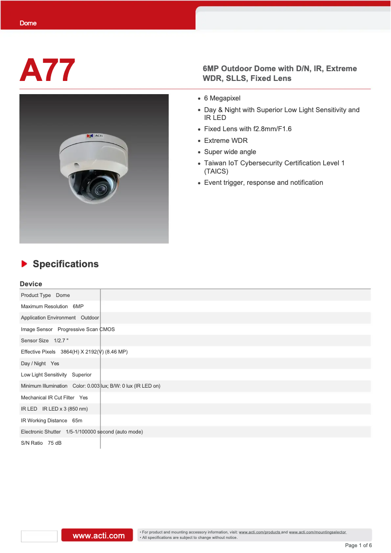 Page 1 de la notice Fiche technique ACTi A77