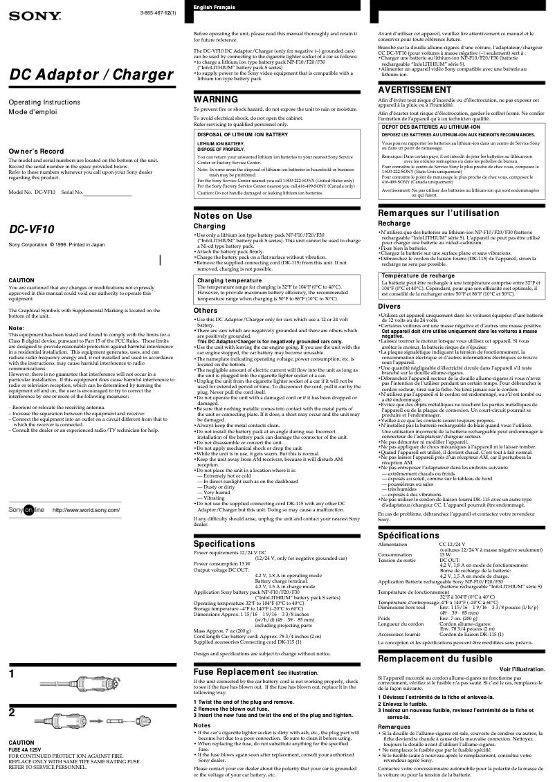 Page 1 de la notice Manuel utilisateur Sony DC-VF10