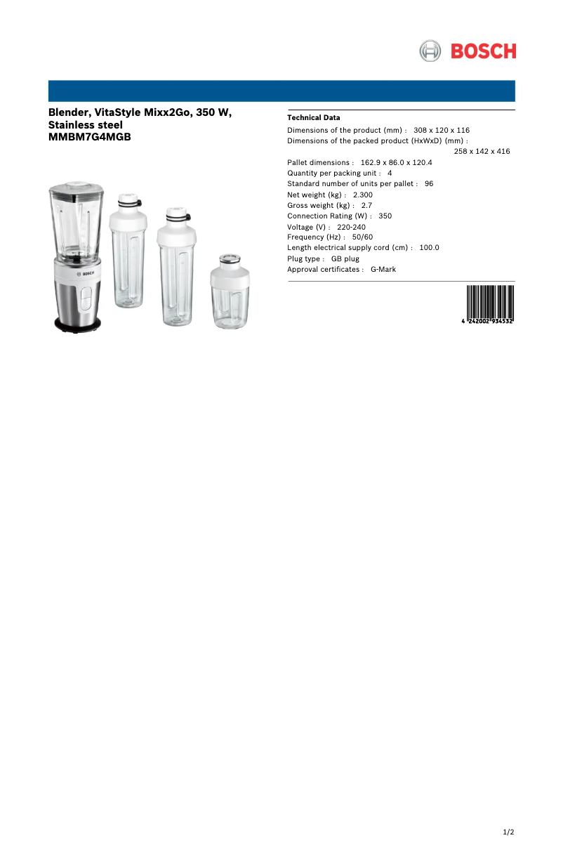 Page 1 de la notice Fiche technique Bosch MMBM7G4MGB