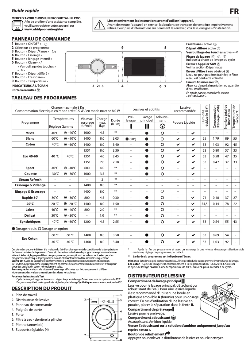 Page 1 de la notice Manuel utilisateur Whirlpool FFBS 8448 WV FR