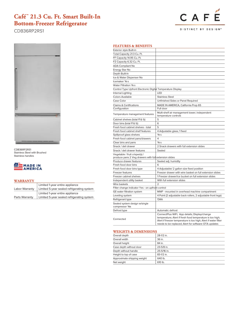 Page 1 de la notice Fiche technique GE Café CDB36RP2RS1
