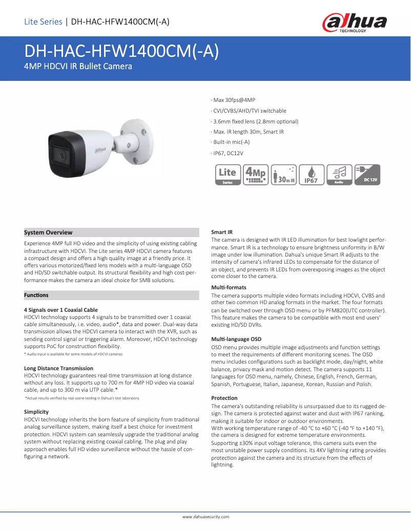 Page 1 de la notice Fiche technique Dahua Technology HAC-HFW1400CM-A