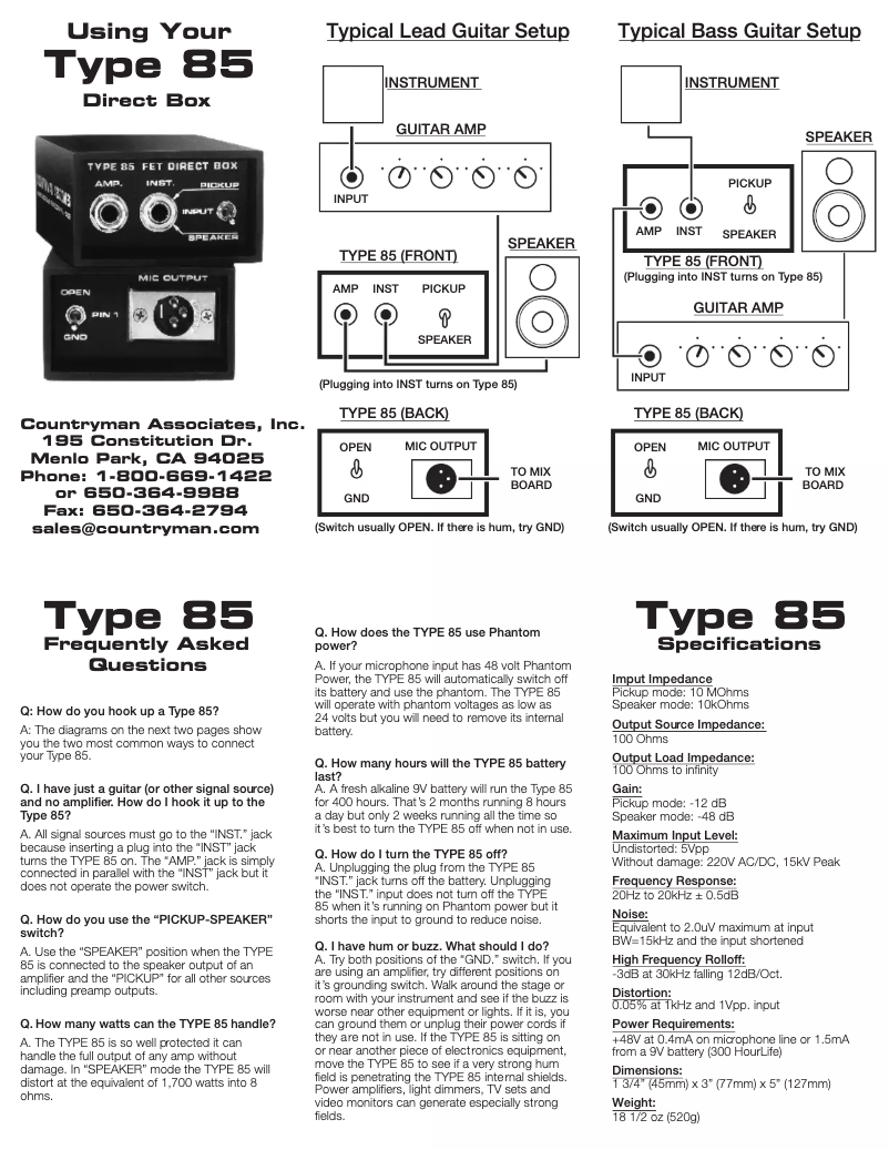 Page n°1 - Manuel utilisateur Countryman Type 85