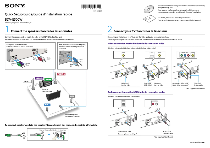 Page 1 de la notice Guide d'installation Sony BDV-E500W