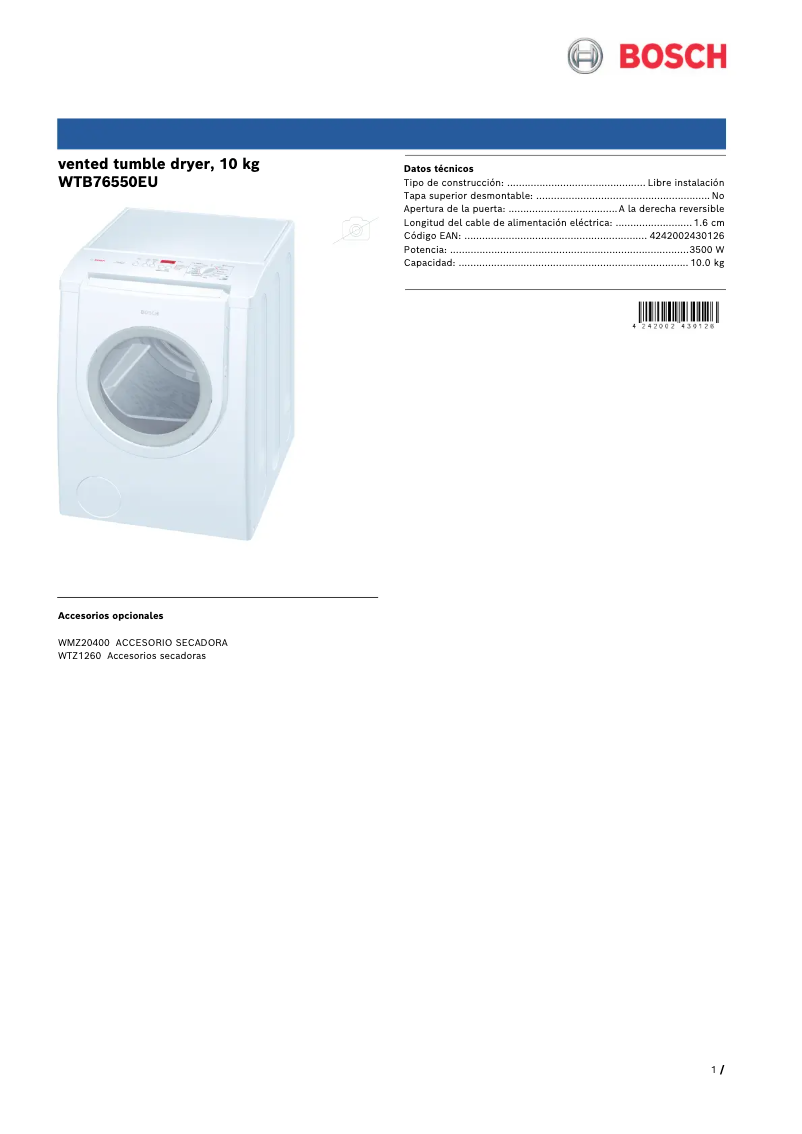 Image de la première page du manuel de l'appareil WTB76550EU