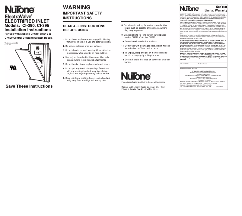 Page 1 de la notice Manuel utilisateur NuTone CI390W