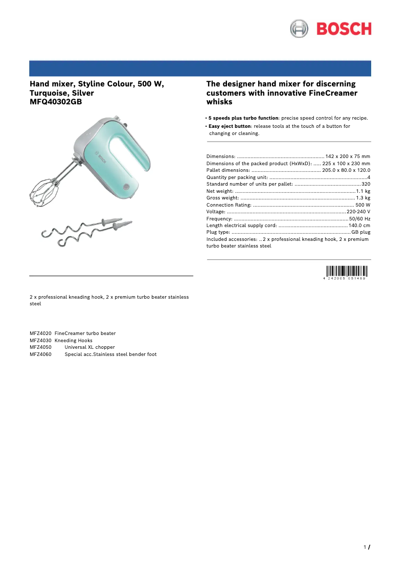 Page 1 de la notice Fiche technique Bosch MFQ4030