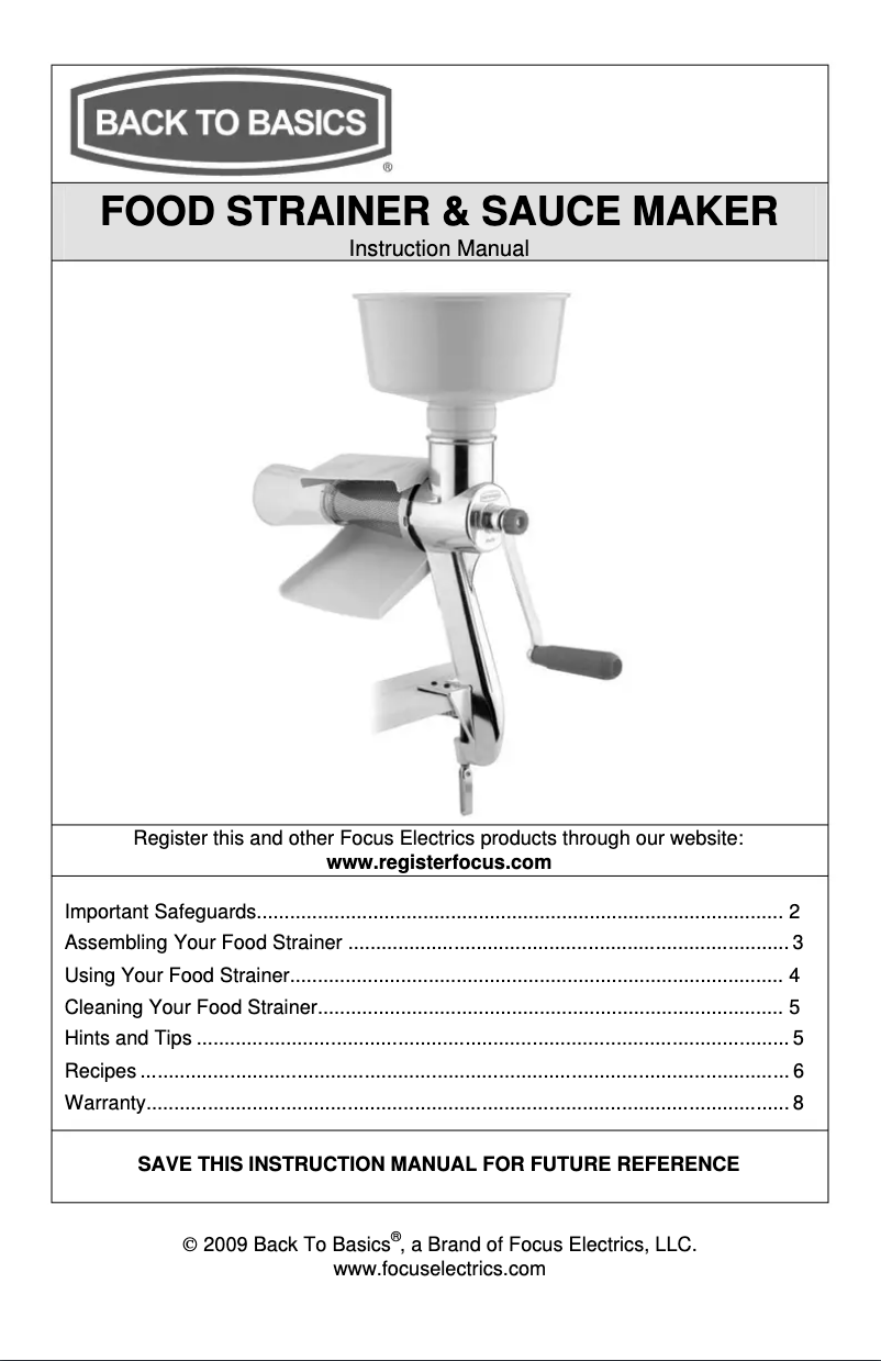 Page n°1 - Manuel utilisateur WestBend Food Strainer & Sauce Maker 220