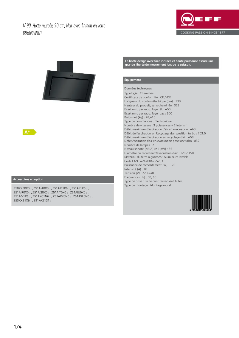 Page 1 de la notice Fiche technique Neff D96IMW1G1