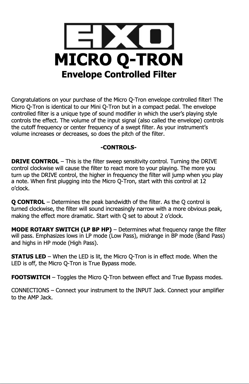 Page 1 de la notice Manuel utilisateur Electro Harmonix Micro Q-Tron