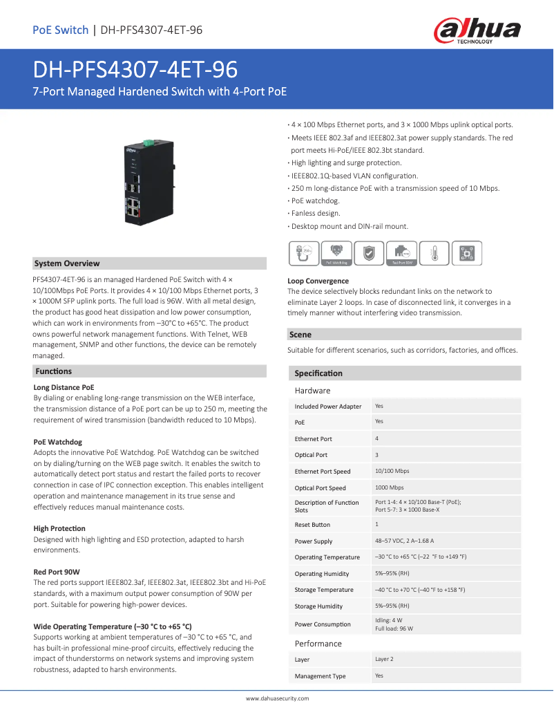 Page 1 de la notice Fiche technique Dahua Technology PFS4307-4ET-96