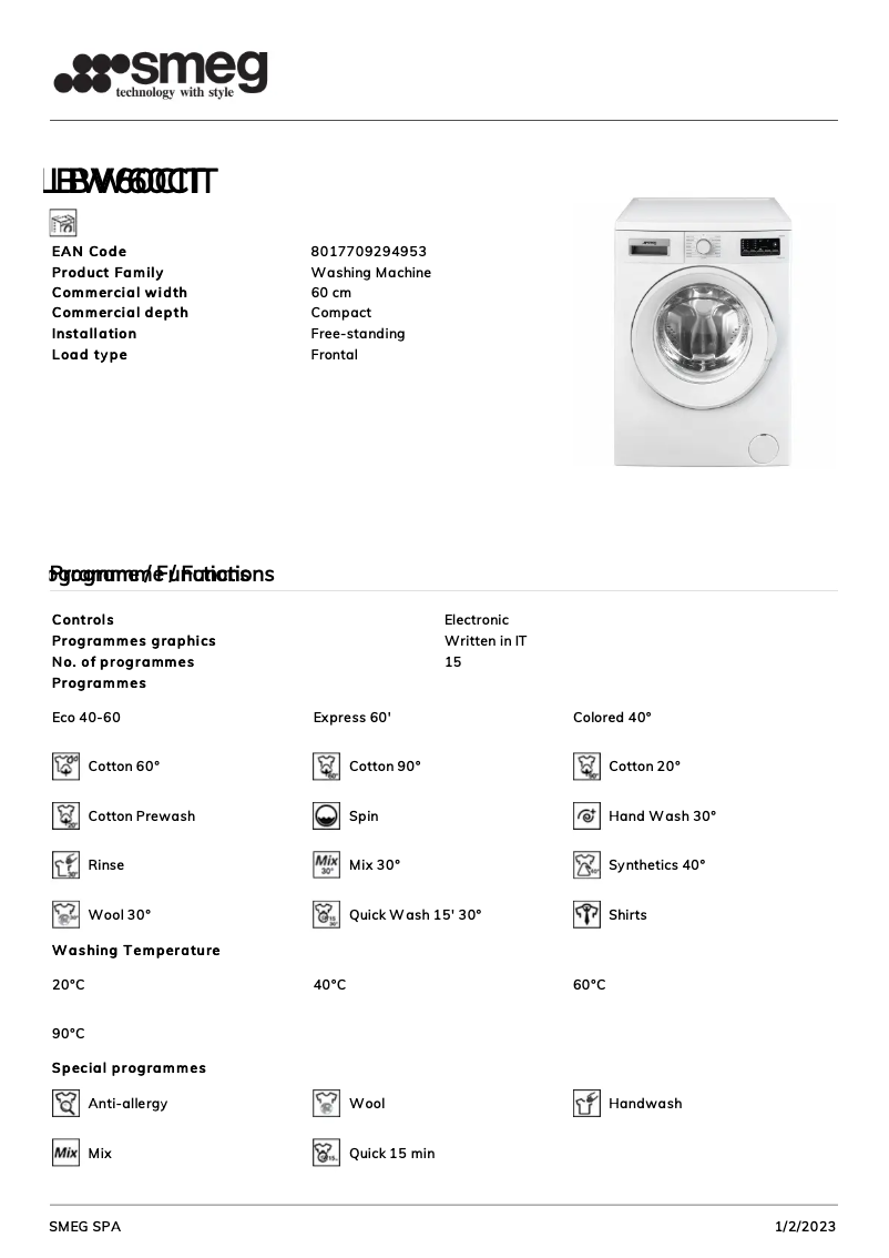 Page 1 de la notice Brochure Smeg LBW60CIT
