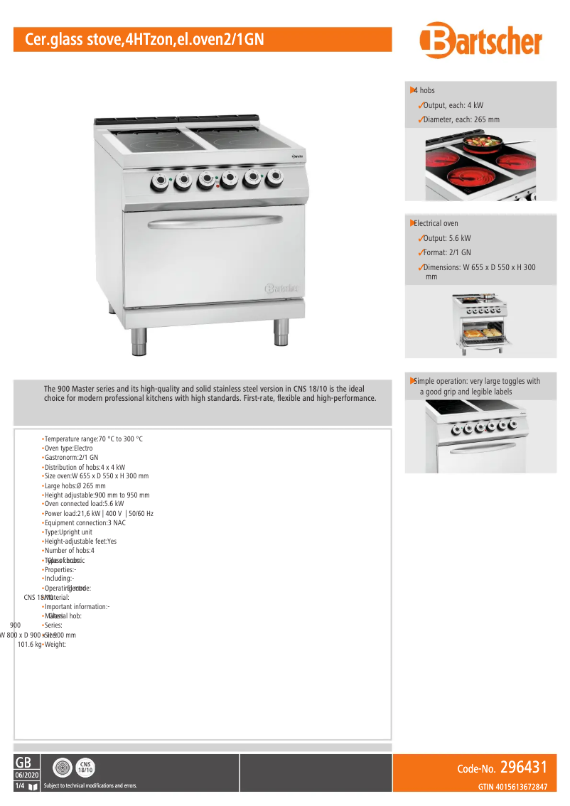 Page 1 de la notice Fiche technique Bartscher 296431
