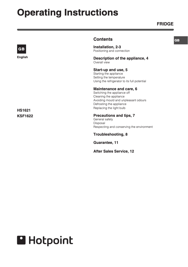 Page 1 de la notice Manuel utilisateur Hotpoint HS1622