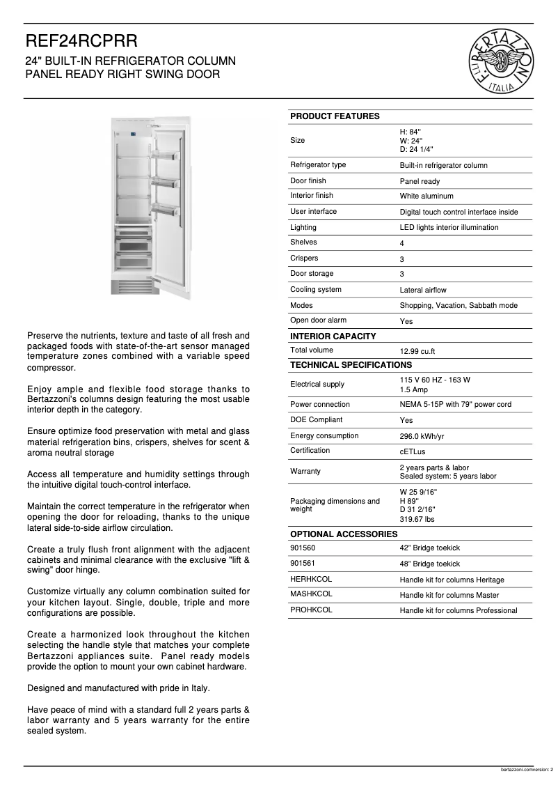 Page 1 de la notice Fiche technique Bertazzoni REF24RCPRR