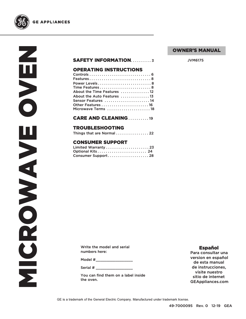 Page n°1 - Manuel d'utilisation et d'entretien GE JVM6175YKFS