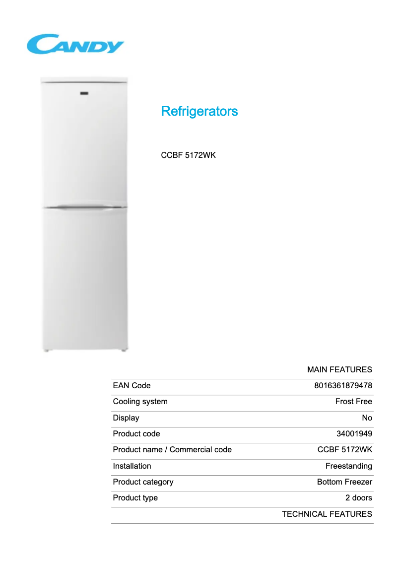 Page 1 de la notice Fiche technique Candy CCBF 5172WK