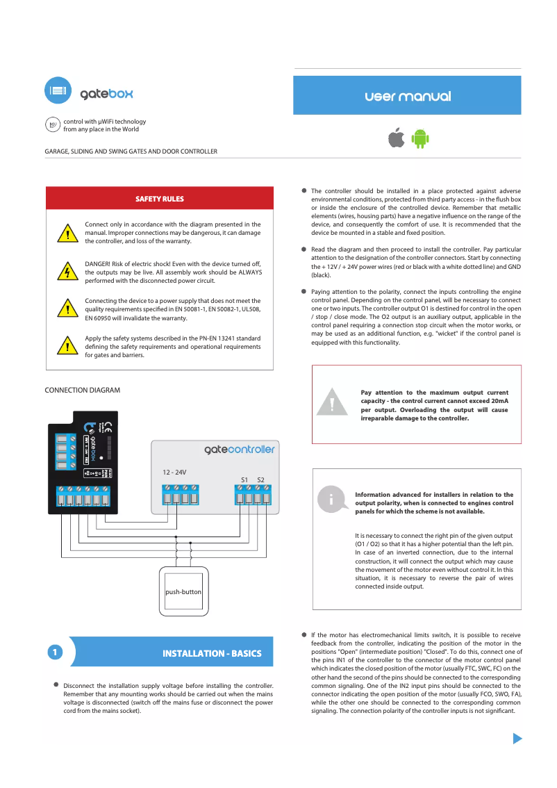 Page 1 de la notice Manuel utilisateur Blebox gateBox
