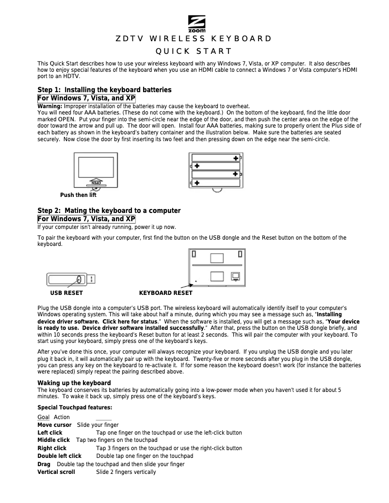 Page 1 de la notice Manuel utilisateur Zoom ZDTV Wireless Keyboard
