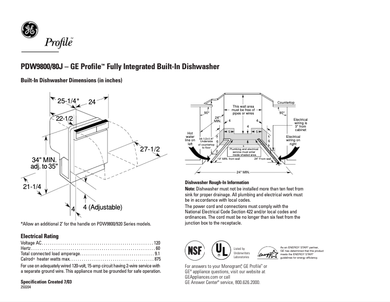 Page 1 de la notice Fiche technique GE Profile PDW9800JWW