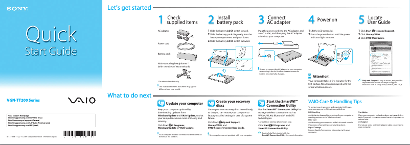 Page n°1 - Guide d'installation Sony Vaio VGN-TT260Y