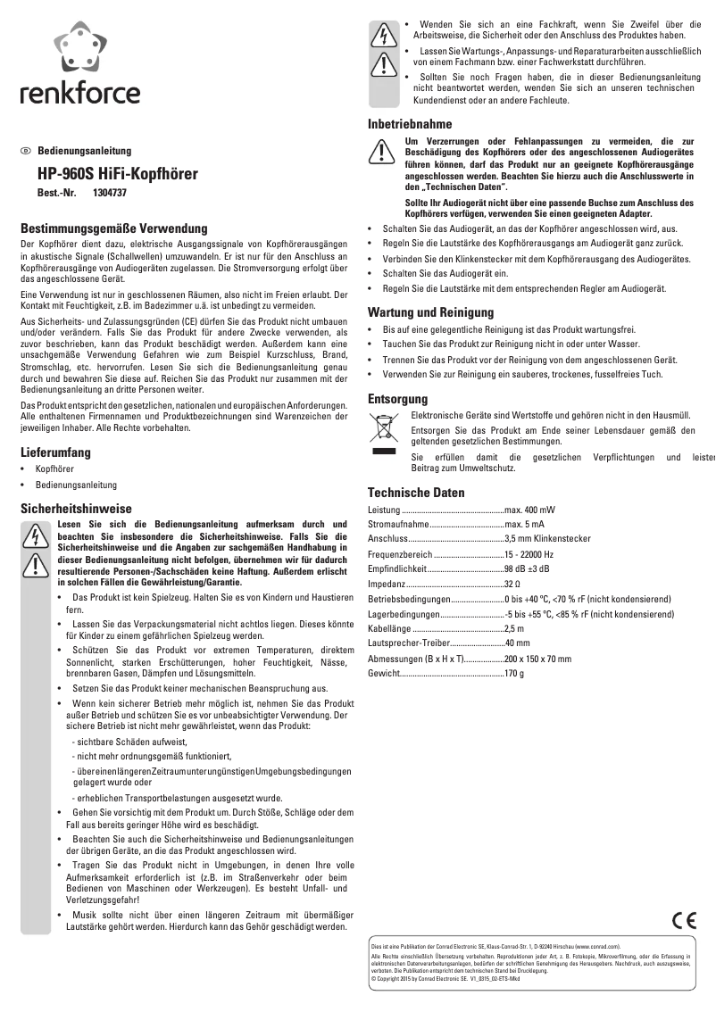 Page n°1 - Manuel utilisateur Renkforce HP-960S