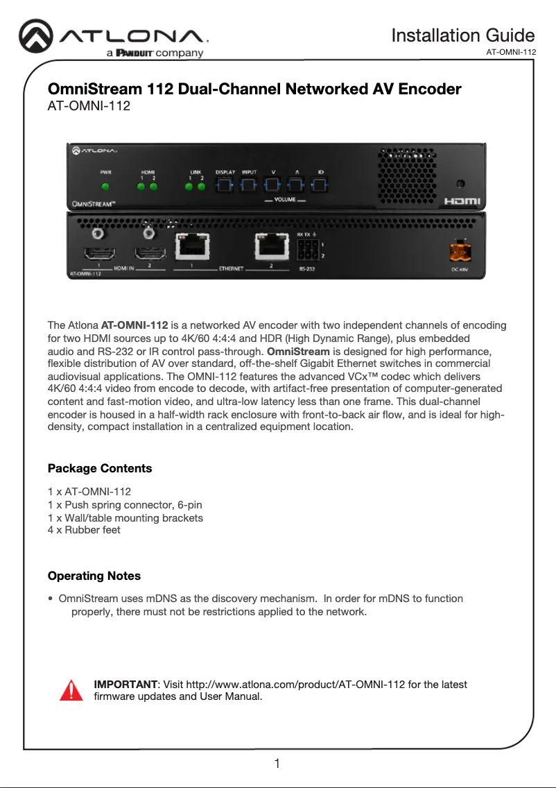 Página 1 del manual Guía de instalación Atlona AT-OMNI-112