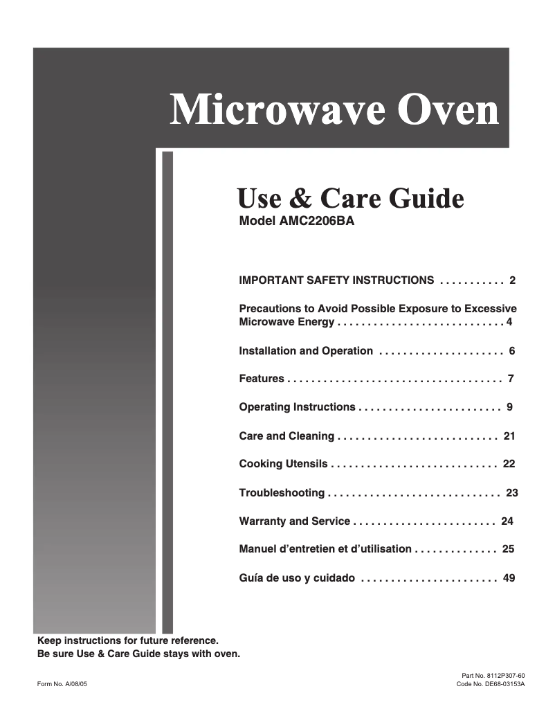 Page 1 de la notice Manuel utilisateur Whirlpool AMC2206BAS