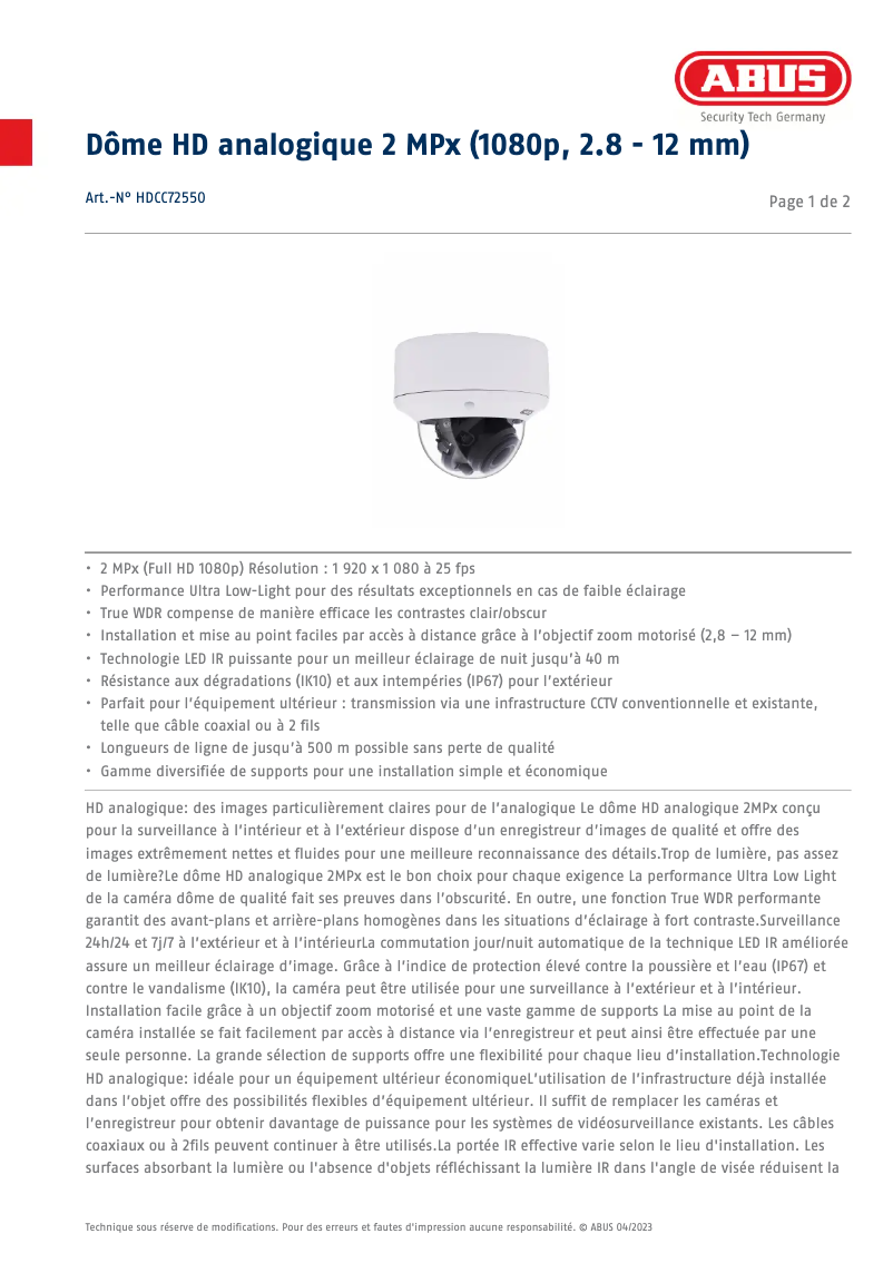 Page 1 de la notice Fiche technique Abus HDCC72550