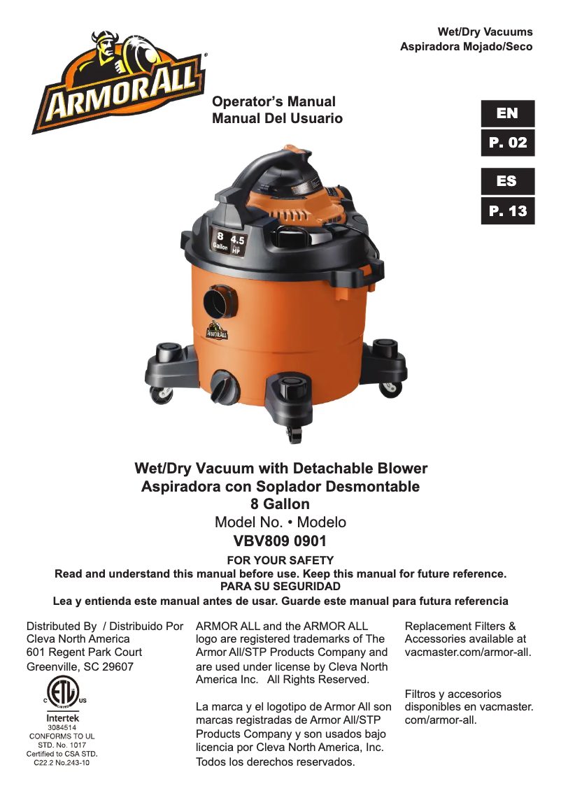 Page n°1 - Manuel utilisateur Armor All VBV809PF 0901